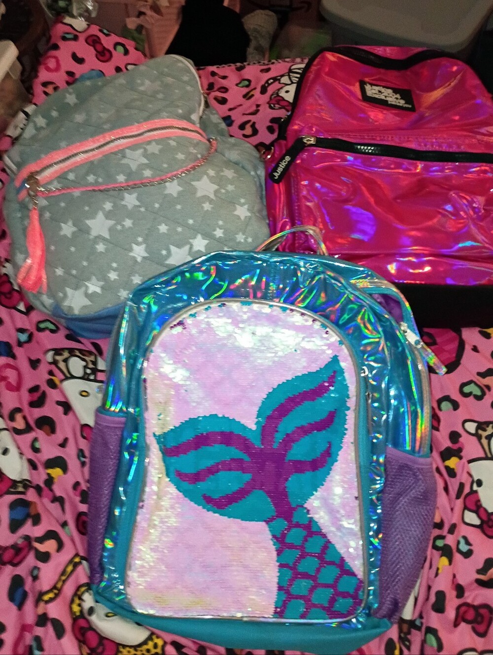3 Justice Pink Holographic, Mermaid Sequin, & Denim Stars 3 Book Bag Bunder